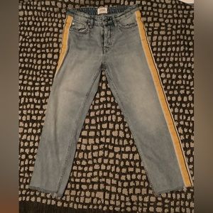 Zara button fly cropped jeans with yellow side stripes TRF